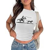 Tewmeu Cropped Cowgirl Outfits for Women Western Rodeo Crop Tops Cowboy Country Concert Graphic Tees