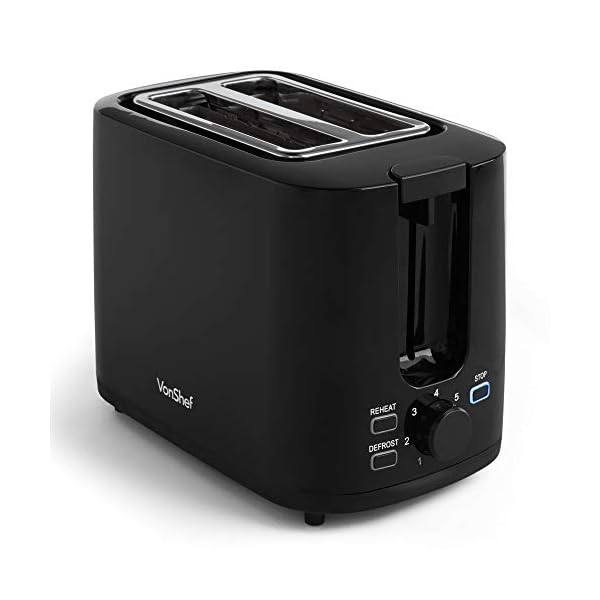 VonShef-Black-Toaster-Compact-2-Slice-Toaster-with-Browning-Control-Defrost-Reheat-Function-Removable-Crumb-Tray-Cord-Storage-Non-Slip-Feet-Portable-Easy-to-Use-with-7-Toasting-Levels-900W VonShef Black Toaster - Compact 2 Slice Toaster with Browning Control, Defrost & Reheat Function Removable Crumb Tray…