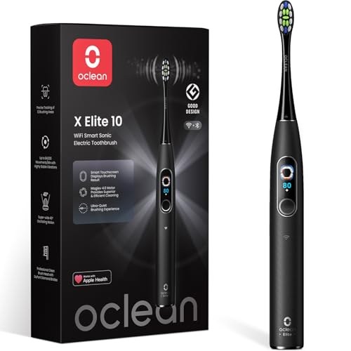 Oclean X Elite 10 Electric Toothbrush, Custom AI Brushing, Touchscreen with 12 Areas Tracking, 40° Oscillation, 5 Modes, Timer, 40 Days, Weather Forecast, IPX7, Black