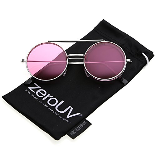 zeroUV - Mid Size Flip-Up Colored Lens Round Django Sunglasses 49mm (Silver / Pink)