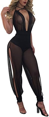 Star Han Women Deep V-neck Backless Sexy Mesh See Through Bandage Side Slit Jumpsuit (Medium, Black)