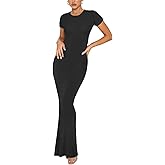 REORIA Women's Basic Summer Casual Lounge Long Dress Elegant Short Sleeve Crew Neck Bodycon Maxi Dresses