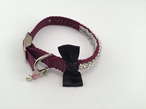 Purple 10 Inch Nylon Dog Collar Adorned with a Black Silk Bow Tie and a Swarovski Chain.