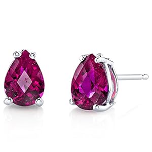 Peora Solid 14K White Gold Created Ruby Earrings for Women, Classic Solitaire Studs, 7x5mm Pear Shape, 2 Carats total…