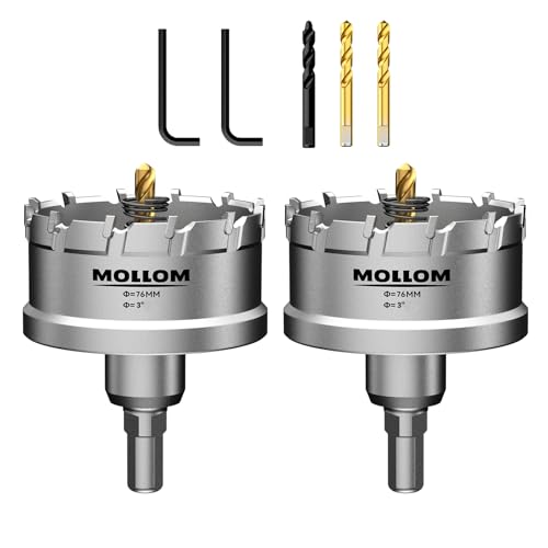 Mollom 2Stück(76mm | 3'') Lochsäge T.C.T Schwerlast-Hartmetall-bestückt mit 2 Führungsbohrern für Edelstahl, Baustahl, Eisen, Kupfer, Messing, Kunstst