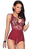 ALLureLove Sexy Lingerie Open Crotch Leotard Teddy Nightwear Lace Miniskirt Babydoll (Wine Red,M)
