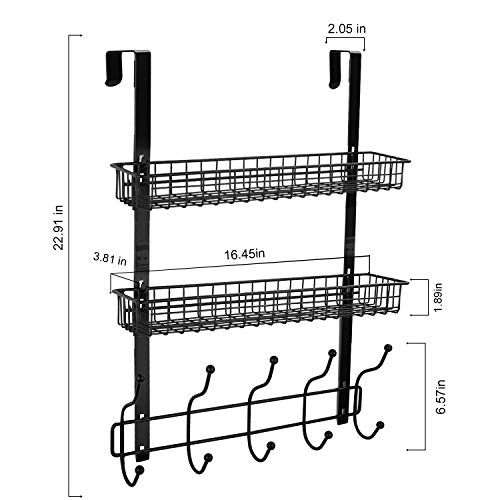 Coat Rack, MILIJIA Over The Door Hanger with Mesh Basket, Detachable Storage Shelf for Towels, Hats, Handbags, Coats (Black-2 Layer)