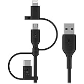 Belkin 3-in-1 Universal USB-A Cable - USB-C Cable, Lightning Cable, Micro-USB - Charging Cord Boost Charge Charger Designed f