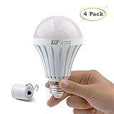 YJY Emergency LED Light Bulb with Build-in Rechargeable Battery for Hurricane Power Outage, Lampholder Hook for Camping Flashlight, 9W(75W Equivalent) 6000K E27 E26 110V 120V 220V(4 Pack)
