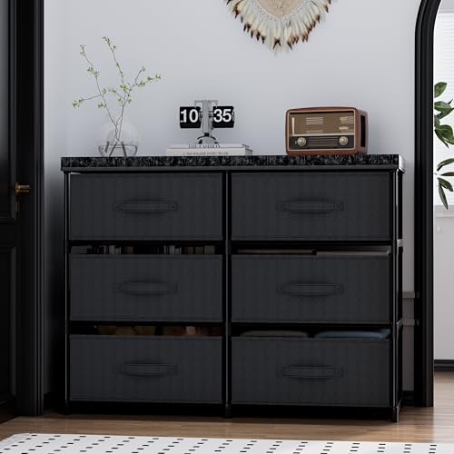 PPN Dresser with 6 Fabric Drawer Stand Desktop Sturdy Metal Plastic Support Tube Cube Storage Cabinet for Living Room, Bedroom Organization Dorm Front Hall Entryway Black