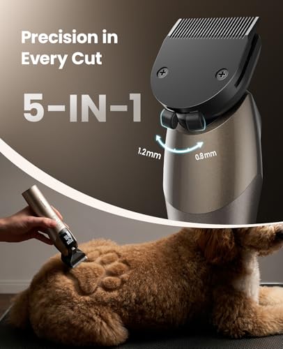 oneisall Professional Dog Grooming Clippers for Thick Hair at Home | 9000RPM, 5-Speed, 5-in-1 DLC Blade, 280-Min Runtime, Low Noise, Magnetic Head, 8 Metal Guide Combs, Cordless, Carrying Case