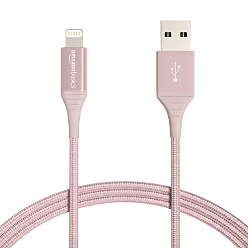Cable Lightning a USB de nailon trenzado doble de Amazon Basics, colección avanzada, cargador de iPhone de Apple con certificación MFi, oro rosa, 3 pies (paquete de 2) (durabilidad nominal de 10,000 curvas)