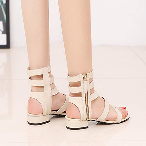 Vibola Women's Gladiator Sandals Buckle Ankle Strap,Peep Toe Zipper Closed Chunky Heeled Hiking Gardening Walking Shoes Beige