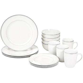 AmazonBasics 16-Piece Cafe Stripe Kitchen Dinnerware Set, Plates, Bowls, Mugs, Service for 4, Grey