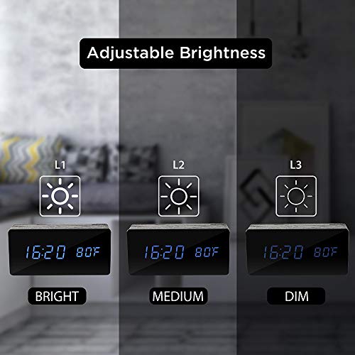 Oct17 Wooden Alarm Clock Mirror Screen Digital Adjustable Digital Clocks LED Voice Control Display Time Date Wood Modern Office Home