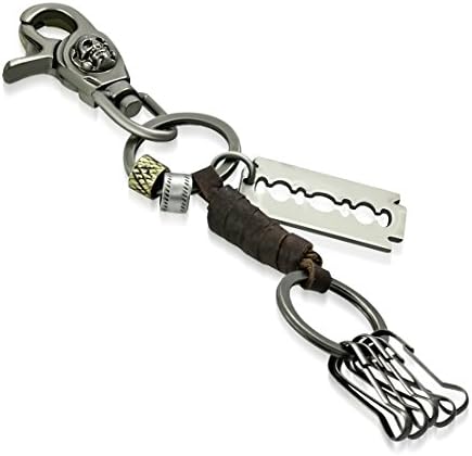 Fashion Alloy 2-Tone Pirate Skull Crossbones Razor Blade Charm Multi-Purpose Removable Ring Valet Leather Biker Key Chain