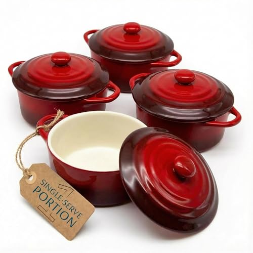 Kook Ceramic Mini Cocotte Set, Small Casserole Dishes with Lids and Handles, Individual Baking Ramekins, Oven, Microwave & Dishwasher Safe, Stoneware, 12 oz, Set of 4, (Crimson Ombre)