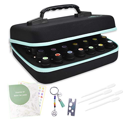 Beschan 42 Essential Oil Holder Traveling Carrying Case Storage Box Hard Shell Dense Foam writable Labels Opener Holds 20/15/10/5 ml Aromatherapy Bottles Top Handle