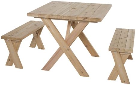 AMERICAN CROSS LEG Wooden Picnic Table Outdoor Dining Set with 2 Benches, Umbrella Hole - Rectangular 35.5 x 34.5 x 30