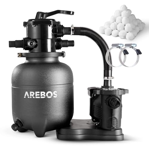 Arebos Sandfilteranlage mit Pumpe inkl. 600g Filterbälle | 350W | 9500 L/h | Tankvolumen bis zu 20 kg Sand | 7 - Wege Ventil mit Griff | mit Druckmano