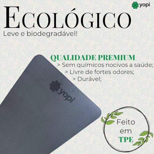 Tapete de Yoga, Preto, TPE Ecológico, 183 x 61 x 0,6 cm, Texturizado, Impermeável, Resistente ao Suor, com Alça de Transporte, Grande, 6mm de espessura, Ioga, Pilates, Yopi