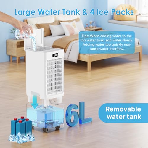 Windowless Portable Air Conditioners, 6L Swamp Cooler, 3-IN-1 Evaporative Air Cooler with 4 Ice Packs, 4 Modes & 3 Speeds, Auto Oscillating, 12H Timer, Remote, Quiet Cooling Fan for Home