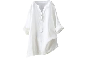 CHUOAND Women's Solid Color Loose Plus Size Long Cotton Linen Texture Dress Shirt Womens Loose Fit T Shirts