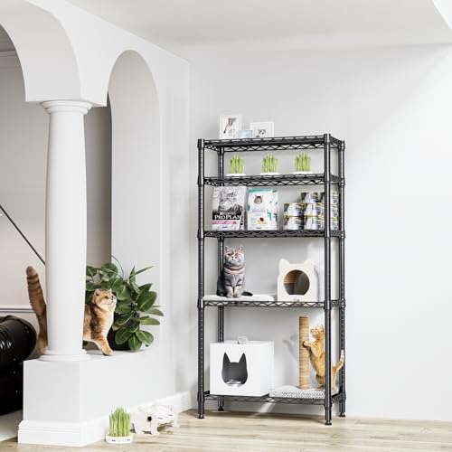 M MZG 5 Tier 1200 lbs Metal Storage Shelf, Wire Shelf, Heavy Duty Closet Organizers for Garage, Kitchen, Bathroom, Laundry, Black, 13.8"