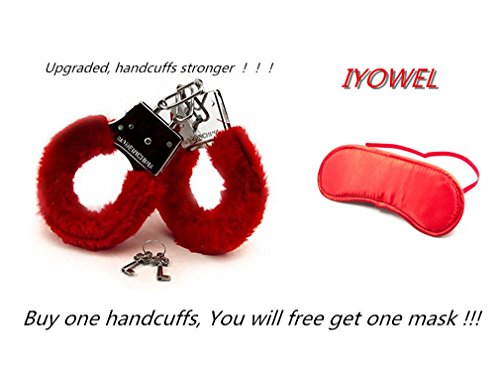 IYOWEL Handcuff Faux Leather Fuzzy Wrist Cuffs for Party (Red Handcuffs+red mask)
