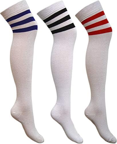 Womens Ladies Referee Stripe Over The Knee High Socks Cotton Sport Celebrity Inspired Fancy Dress