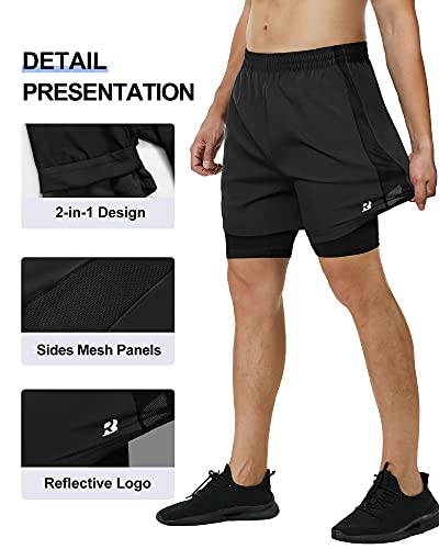 Roadbox 2 in 1 Running Shorts for Men Quick Dry Breathable Workout Gym Athletic Shorts Back Zipper Pocket (Black, 3XL)