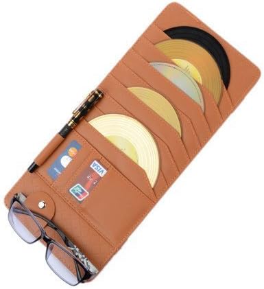 BORWAY Detachable CD Sun Visor Organizer, CD Case with 9 CD Pockets, 3 Credit Cards, 1 Pen Holder, 1 Glasses Clip［Anti-Scratching］Fast Clean PU Body with Magnetic Clip (Brown, 1 Pack)