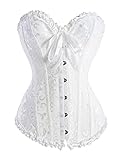 Camellias Women's Sexy Lace up Back Satin Boned Corset Bustier With G-string , SZ1070-White-3XL