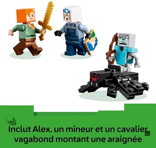 Minecraft La Mine en Forme de Pioche - Jouet de Construction Interactif - Figurines d'Alex, d'un Mineur & d'un Vagabond sur Araignée - Cadeau Collector pour Gamer, Garçon ou Fille dès 8 ans 21277