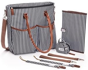 Unisex Diaper Bag For Girls And Boys w/ Fourteen Pockets Featuring A Stylish Striped Design And Spacious Interior With Matching Changing Pad, Pacifier Clips, Pacifier Case And Stroller Straps