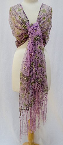 Sheer Block Print Embroidered Tulle Net Scarf Shawl Wrap Stole Fringe Pink