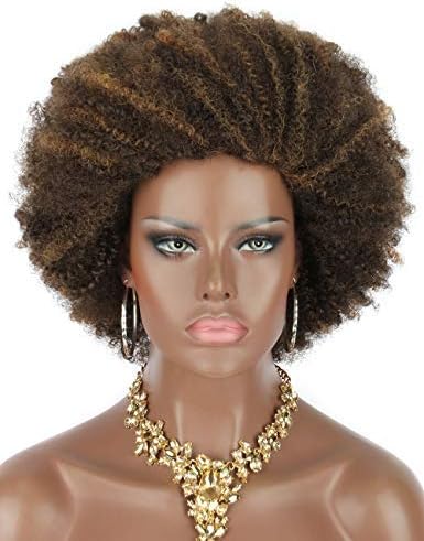 Kalyss Big Bouncy Full Thick Short Afro Kinky Curly Wigs for Black Women Brown Highlights Lightweight Synthetic Hair Wigs 150% Density Natural Looking Fluffy Hair Replacement Wig