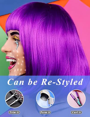 KOWVOWZ Colored Wigs, Funky Colorful Wigs, Short Bob Hair Wigs, Neon Party Wigs, Cosplay Wigs with Rimless Heart Shape Sunglasses, One Size for All Women Kids & Adults Costume Night Club(4 Pack)