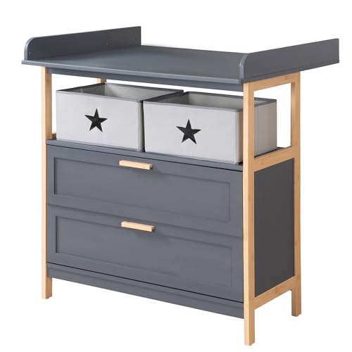 roba Wooden Changing Table Dresser Berlin with 2 Drawers - Removable Changing Top - Open Compartment with 2 Boxes Inclusive - Anthracite/Bamboo Wood