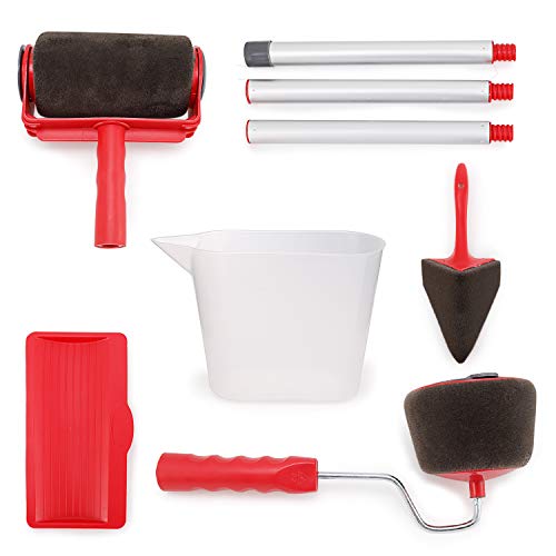 Venustas Paint Roller Brush Kit 8 Pcs Paint Runner Pro Brush Handle Flocked Edger Room Wall Printing for Home Office-Red - Thumbnail 7
