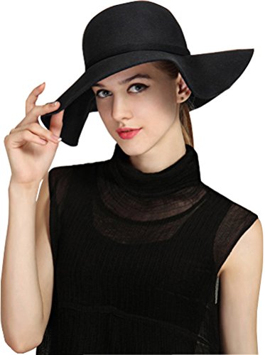 Bienvenu Women's Wide Brim Wool Ribbon Band Floppy Hat Black
