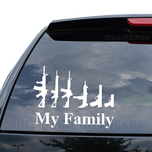 DiamondCutStickerz My Family Assault RIFE Guns Pistol Decal Sticker Car Truck Motorcycle Window Ipad Laptop Wall Decor - Size (07 inch / 18 cm Wide) - Color (Matte White)