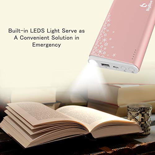 BigBlue 10000mAh Rechargeable Charger with Emergency Light, Portable Reusable with Double-Side Heat for Winter Sports, Ski, Hiking, Camping, Gift-Giving, Rose Gold