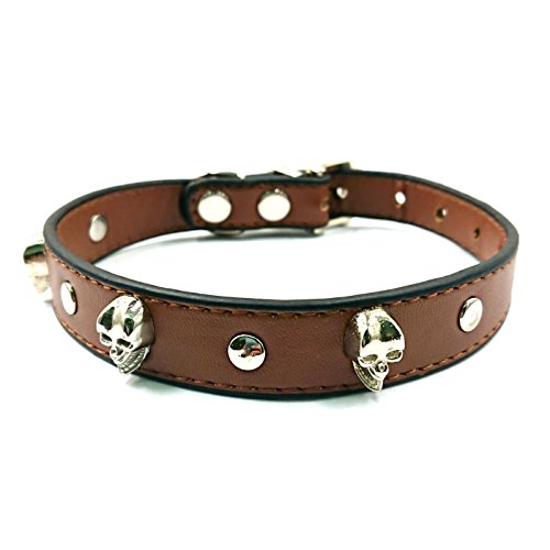 M2cbridge Small Dog Leather Collars Puppy Cat Skull Rivet Necklace, 2 Pack (Brown/Yellow)
