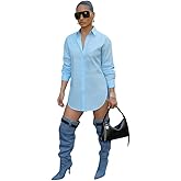 CHICME Women’s Button Down Shirt Collared V Neck Long Sleeve Slit Side Long Blouse Top with Curved Hem