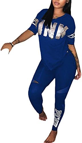 SCORP Women's Plus Size 2 Pieces Outfits Crop Top and Long Pants Sweatsuits Set Tracksuits Blue XXXL