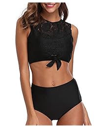 Bikini de encaje para dama, 2 piezas, cuello alto, con nudo de lazo, con parte inferior de cintura alta