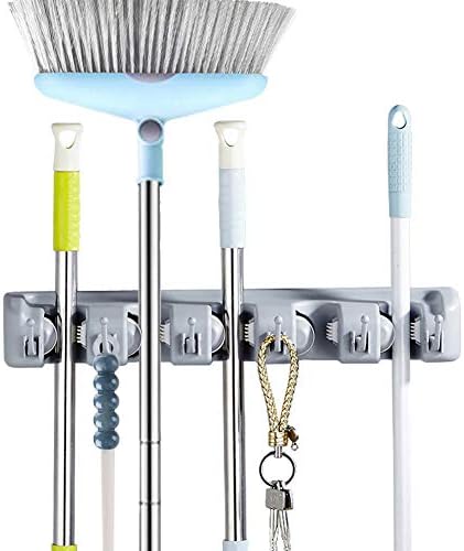 GTHUNDER Mop Broom Holder 5 Position 6 Hooks Garden Tool Wall Mount Storage Solution Decor for Garage,Garden and Laundry Offices