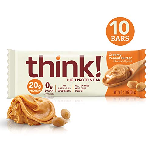 think! (thinkThin) High Protein Bars - Creamy Peanut Butter, 20g Protein, 0g Sugar, No Artificial Sweeteners, Gluten Free, GMO Free, 2.1 oz bar (10 Count - packaging may vary)