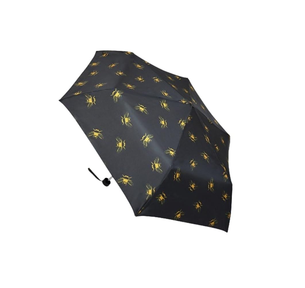 Ladies Foldable Travel Umbrella - Black and Gold Busy Bee Print